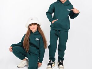 a.Unisex-Hunter Green Fleece Lined Kids Hoodie and Jogger Set