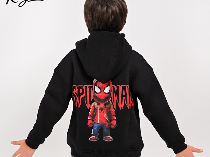 a.Kids' Black Spider-Man Hoodie with Distressed Logo and Character Backpack Graphic - Image 2