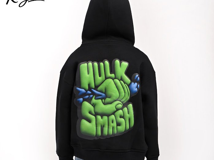 a.Kids' Marvel Hulk Fist Graphic Hoodie - Black Fleece Pullover - Image 2